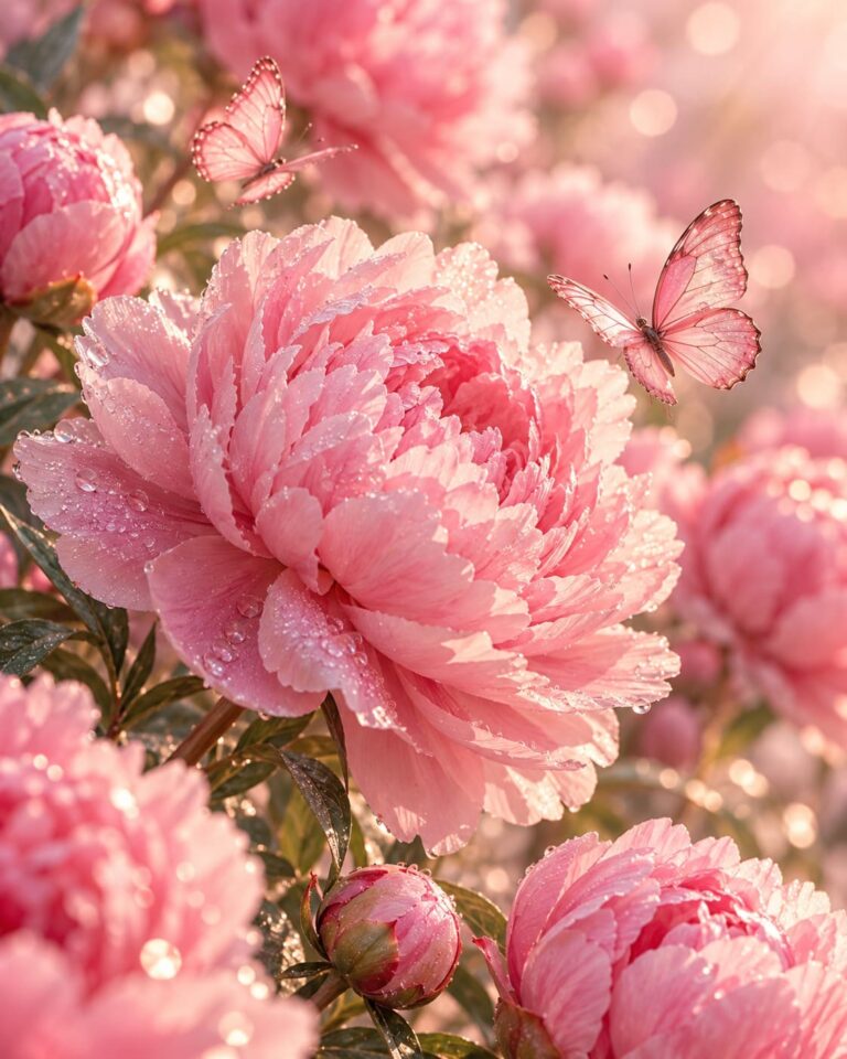 Fondo de pantalla aesthetic rosa peonias mariposas