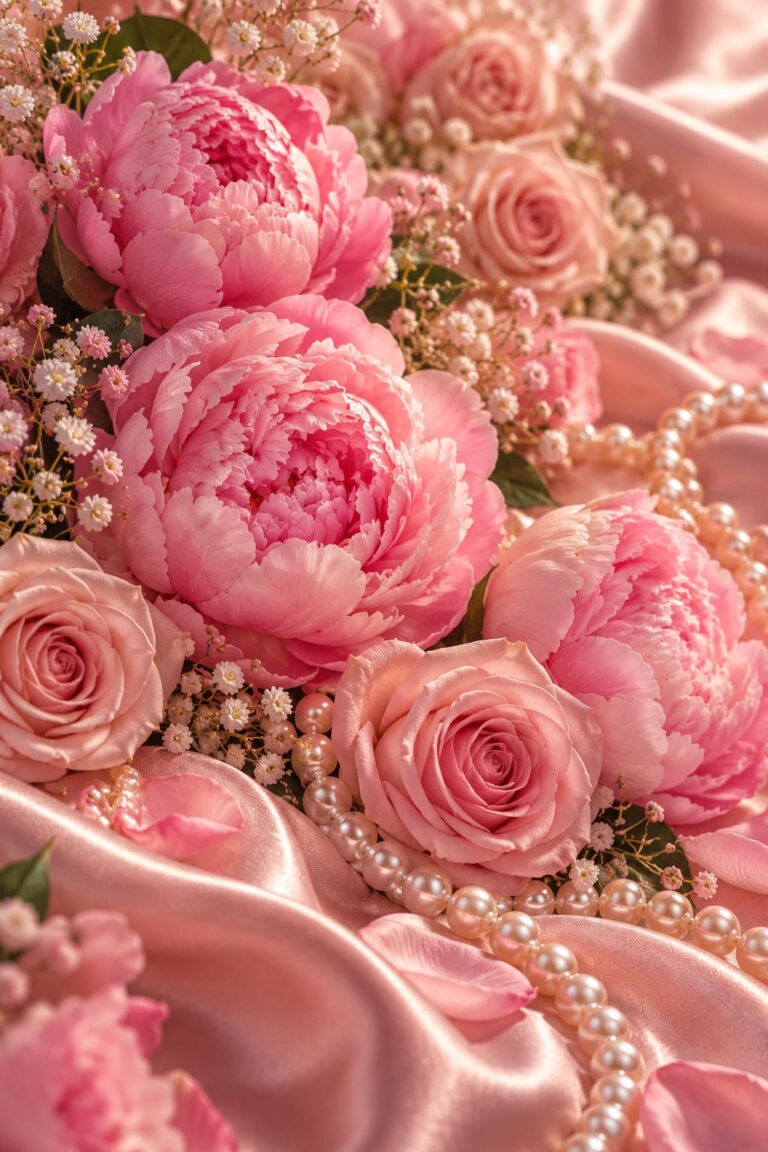 Fondo de pantalla aesthetic rosa peonias perlas