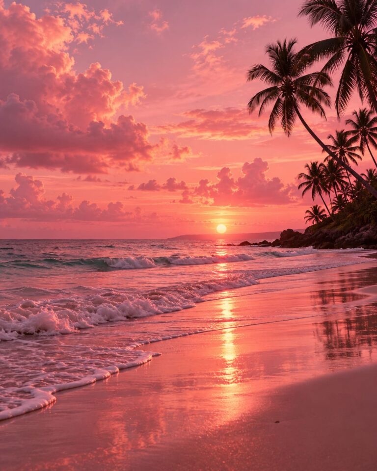 Fondo de pantalla aesthetic rosa playa tropical al atardecer