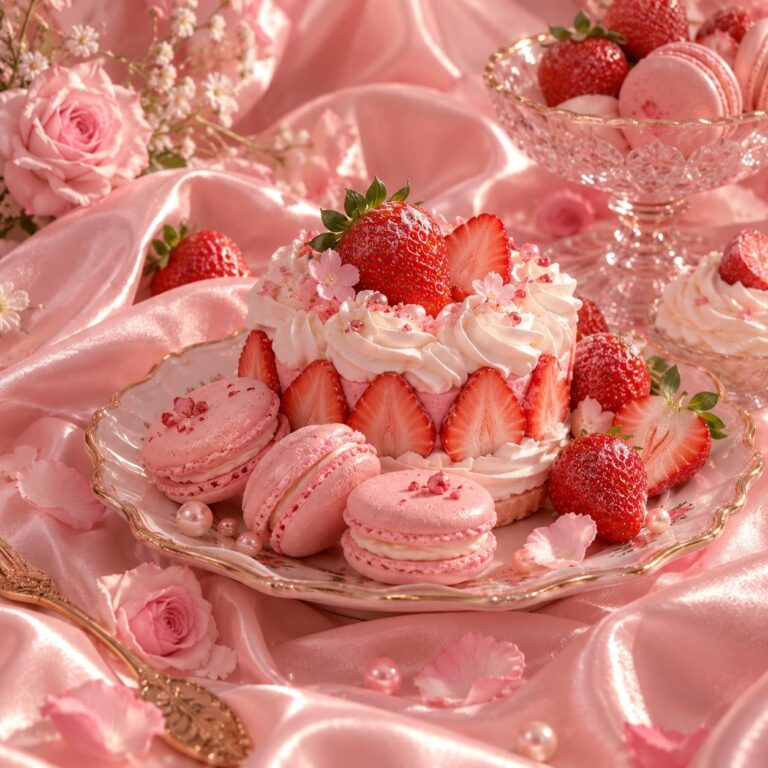 Fondo de pantalla aesthetic rosa tarta fresas