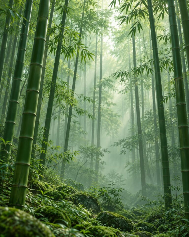Fondo de pantalla aesthetic verde bambu en la niebla