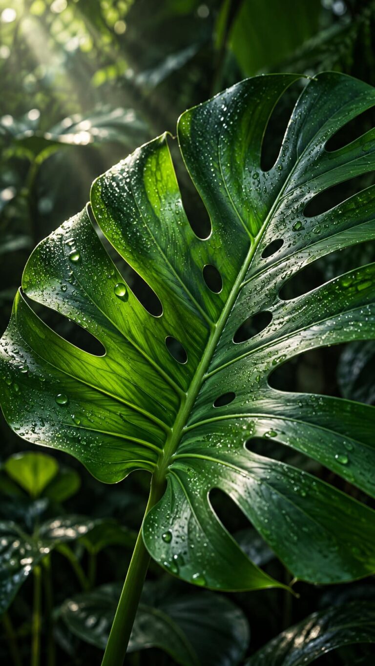 Fondo de pantalla aesthetic verde monstera con rocio