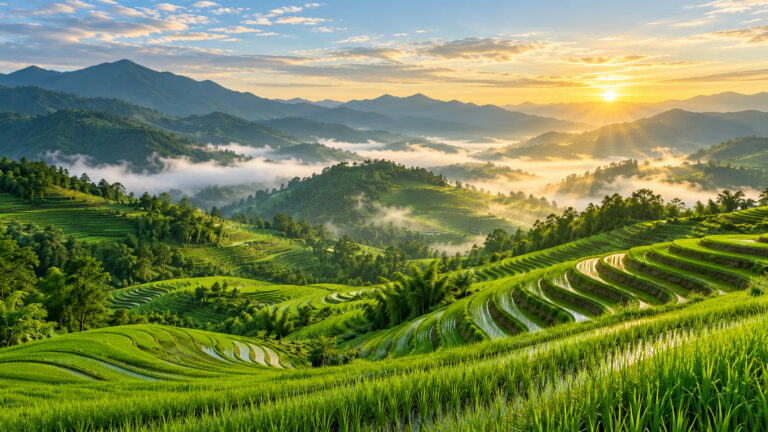 Fondo de pantalla aesthetic verde terrazas de arroz