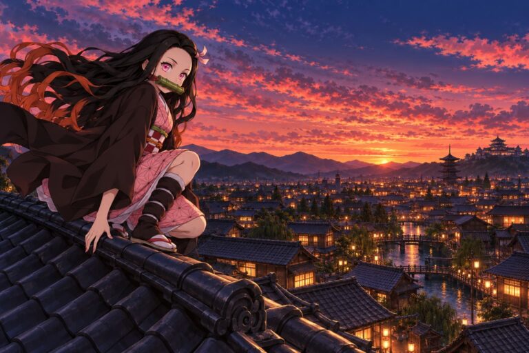 Fondo de pantalla de nezuko azoteas al anochecer