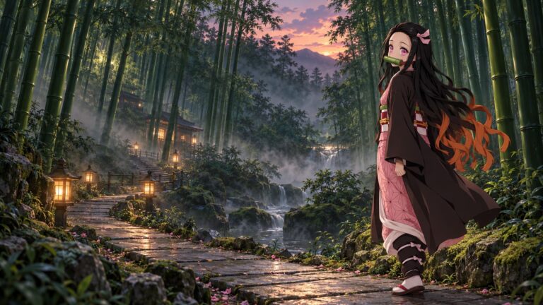 Fondo de pantalla de nezuko bosque de bambu