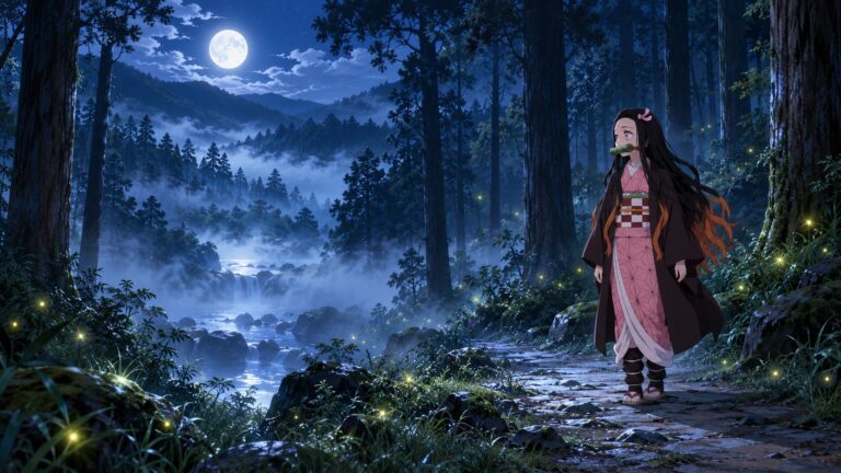 Fondo de pantalla de nezuko bosque luna