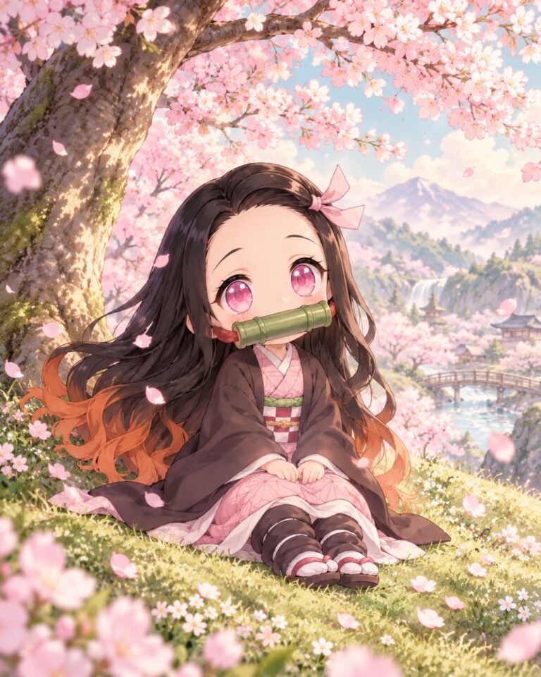 Fondo de pantalla de nezuko chibi con petalos
