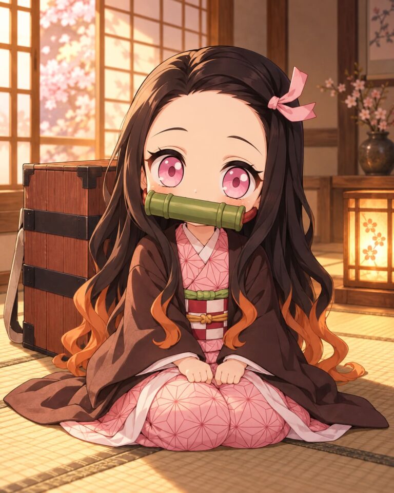 Fondo de pantalla de nezuko chibi junto a su caja