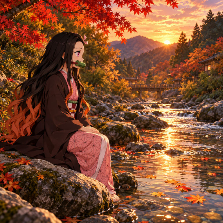 Fondo de pantalla de nezuko descanso junto al rio