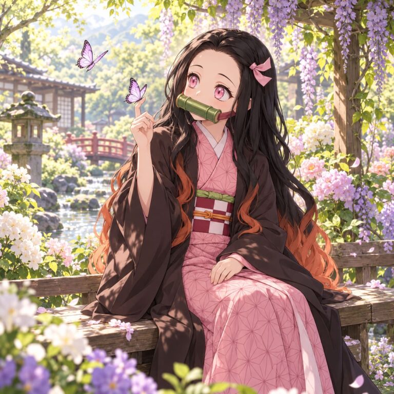 Fondo de pantalla de nezuko jardin de mariposas