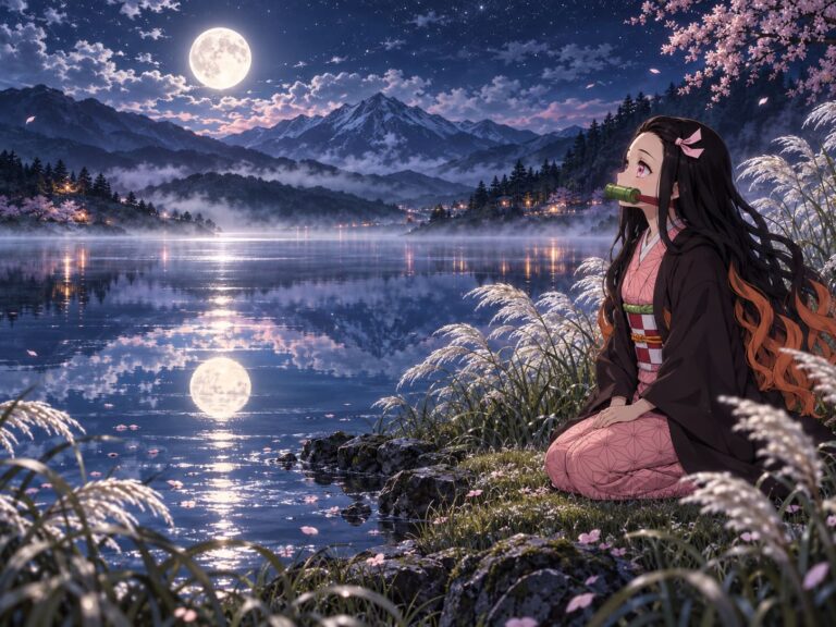 Fondo de pantalla de nezuko lago de la luna