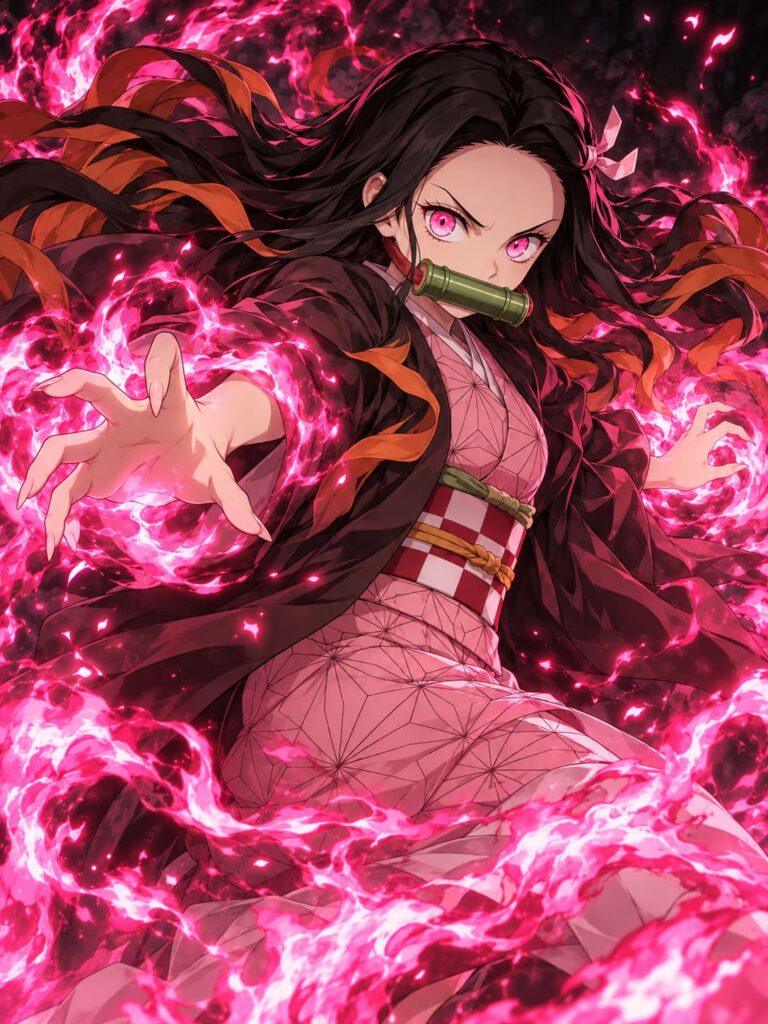 Fondo de pantalla de nezuko llamas rosadas