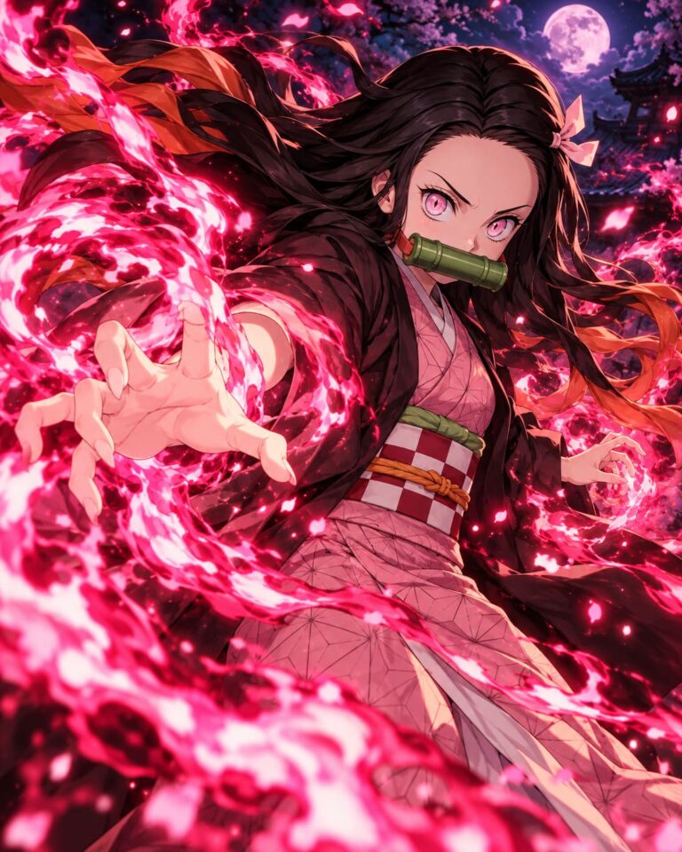 Fondo de pantalla de nezuko llamas rosas