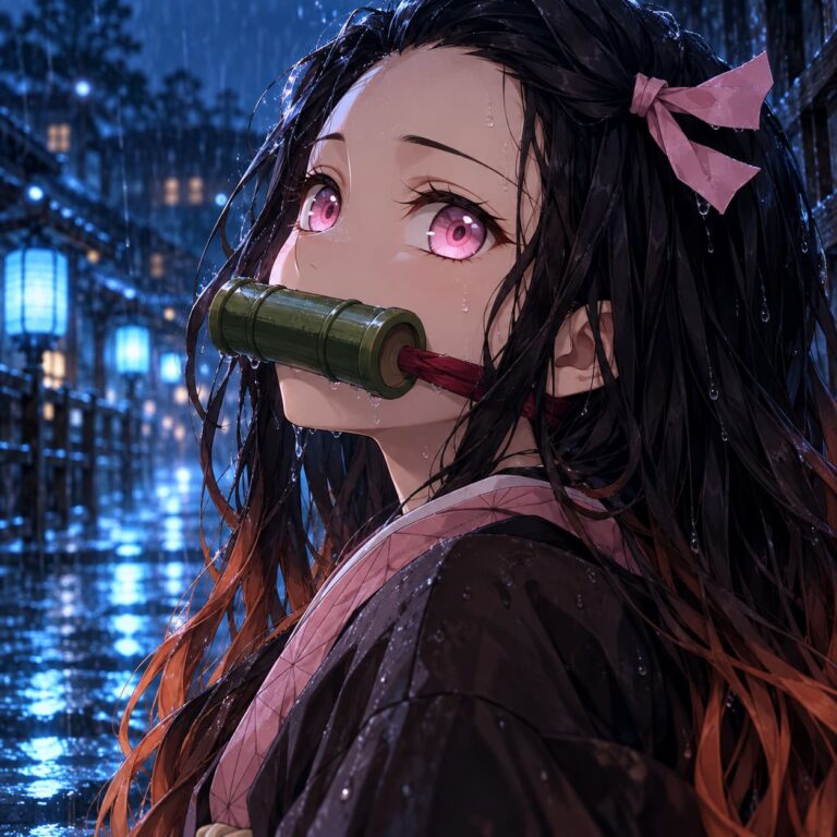 Fondo de pantalla de nezuko mirada bajo la lluvia