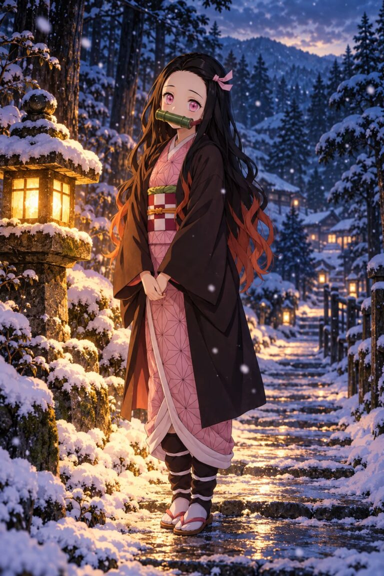 Fondo de pantalla de nezuko nieve y farol