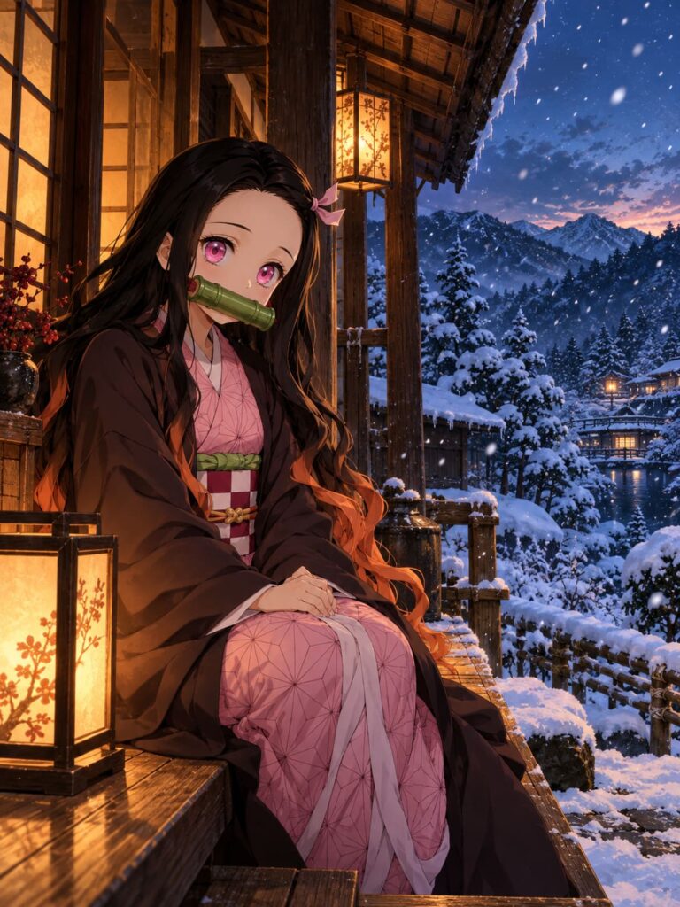 Fondo de pantalla de nezuko refugio nevado