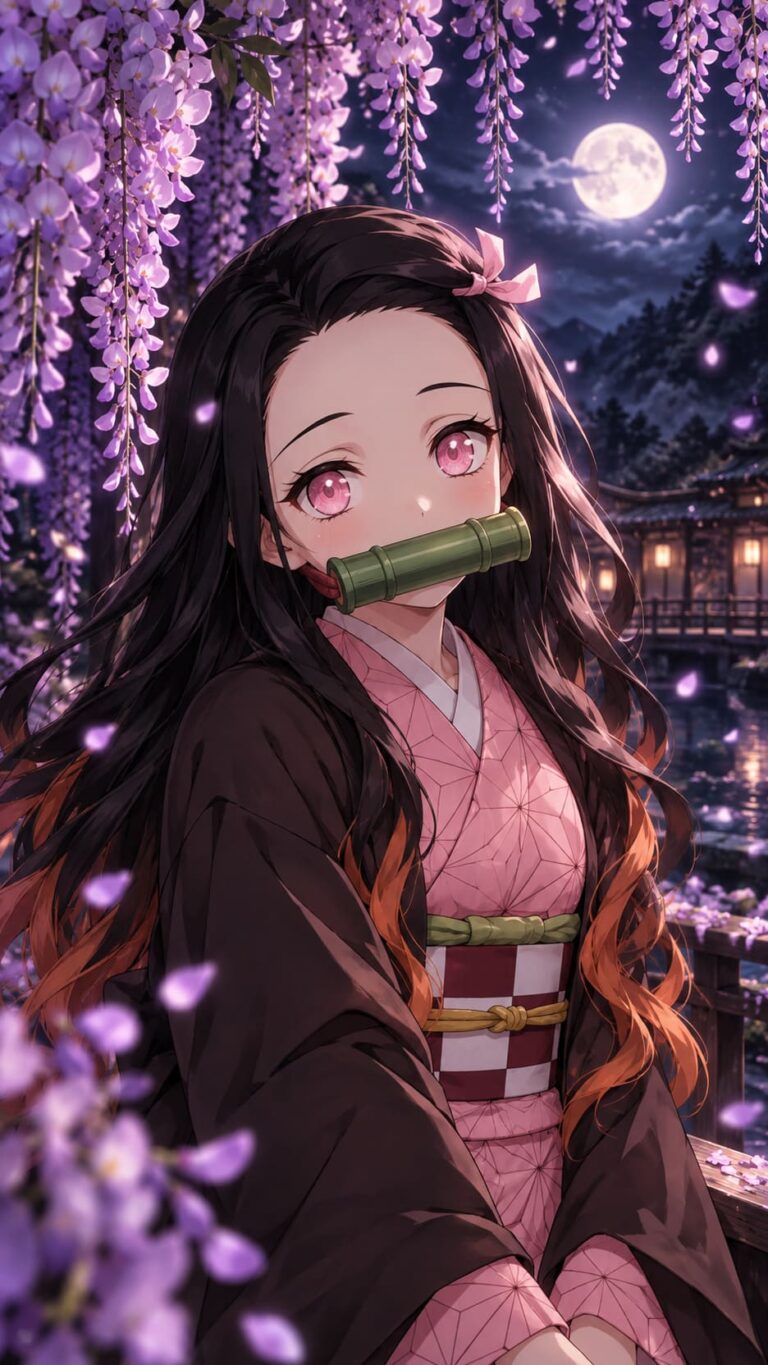 Fondo de pantalla de nezuko retrato entre glicinas