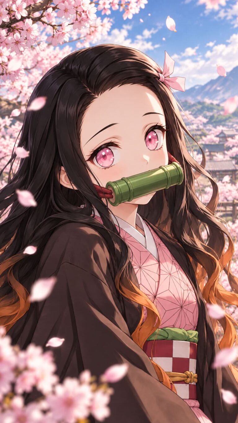 Fondo de pantalla de nezuko retrato entre petalos