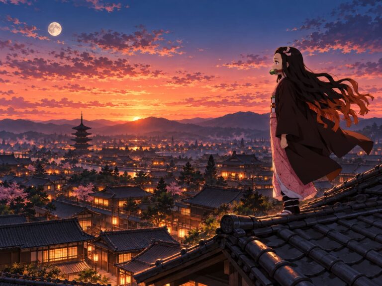 Fondo de pantalla de nezuko tejados anochecer