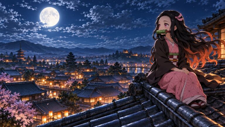 Fondo de pantalla de nezuko tejados bajo la luna