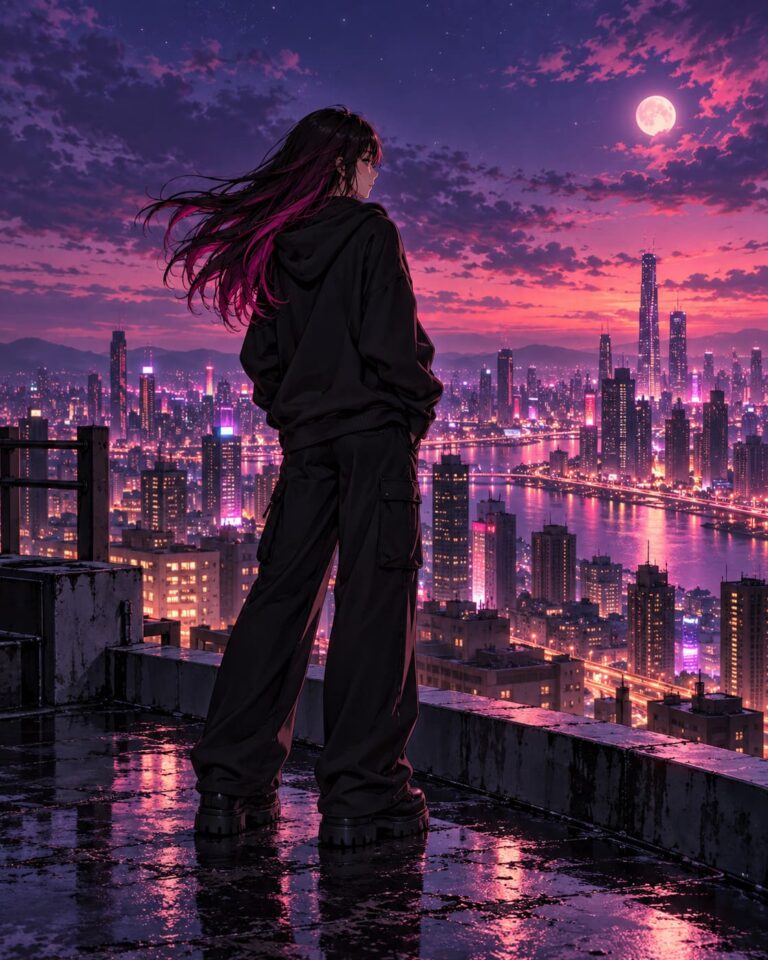 Fondo de pantalla e girl azotea nocturna ilustrada