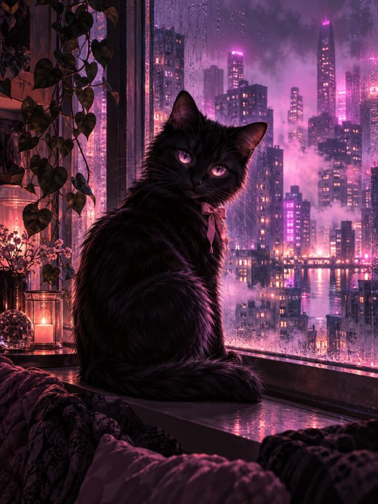 Fondo de pantalla e girl gato negro ventana rosa