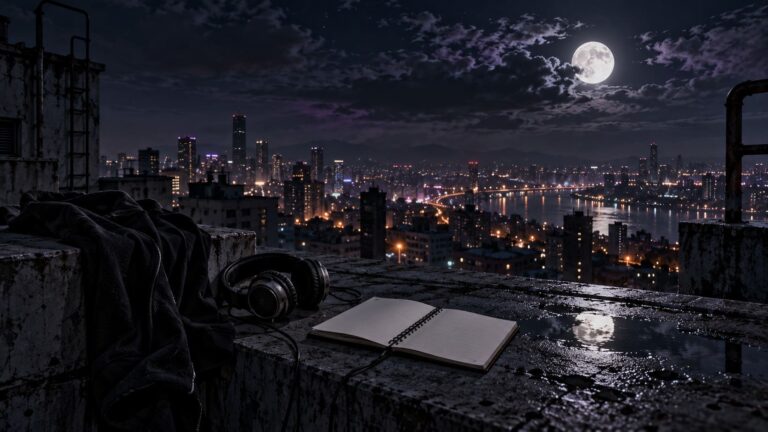 Fondo de pantalla emo azotea nocturna con auriculares