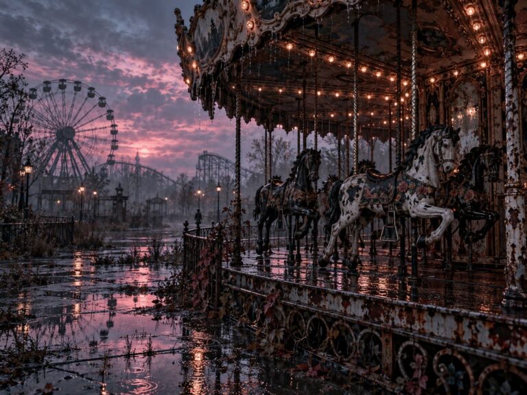 Fondo de pantalla emo carrusel abandonado en lluvia