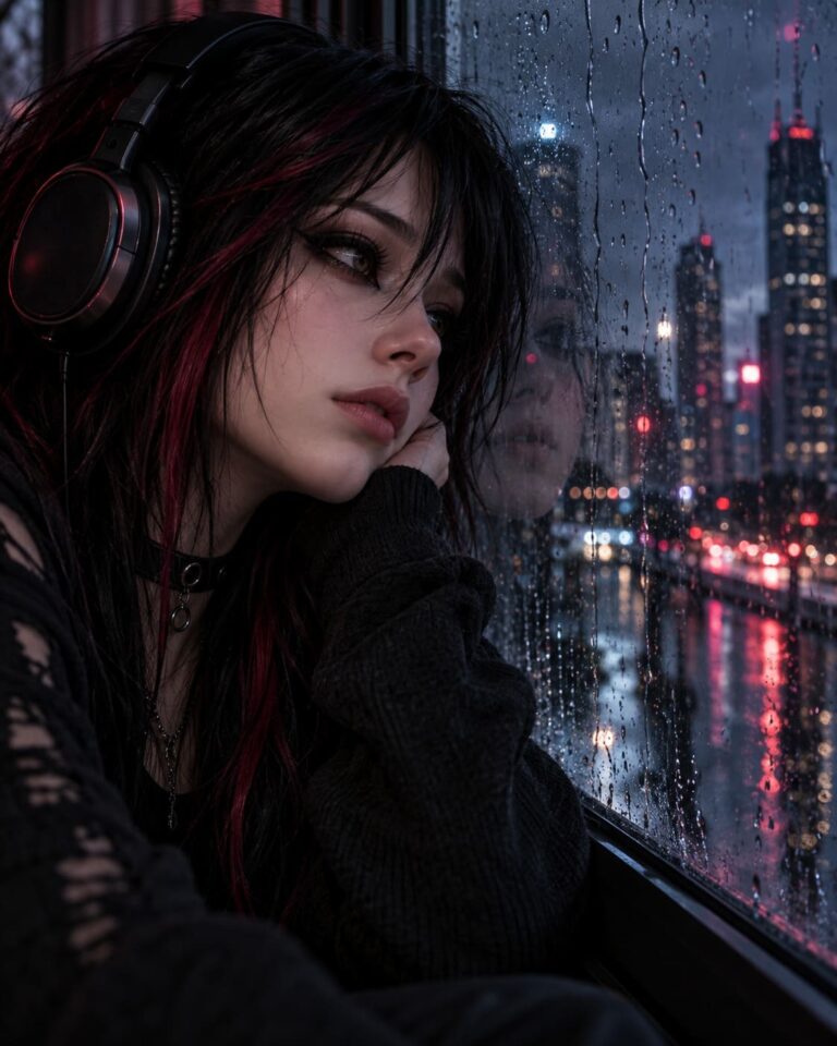 Fondo de pantalla emo chica con auriculares bajo la lluvia