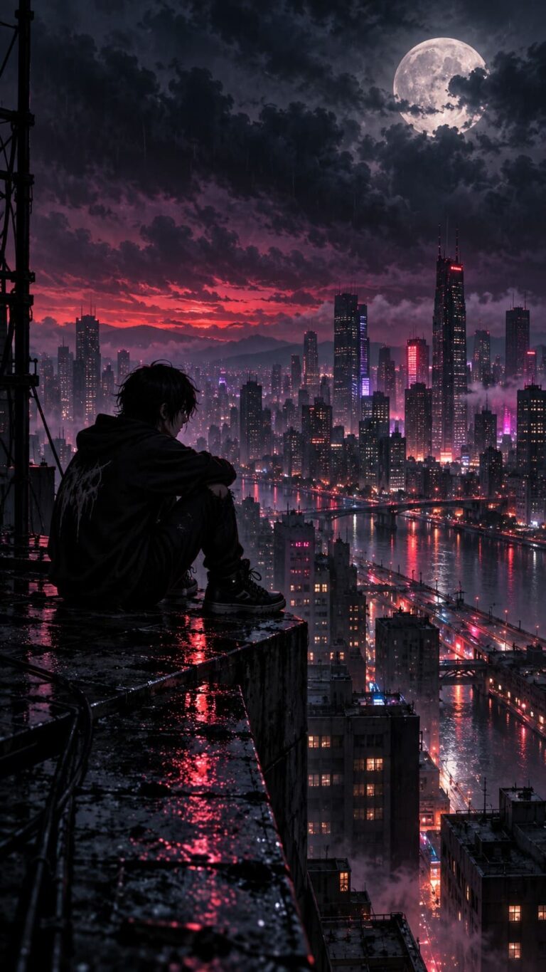 Fondo de pantalla emo ciudad lluviosa en azotea
