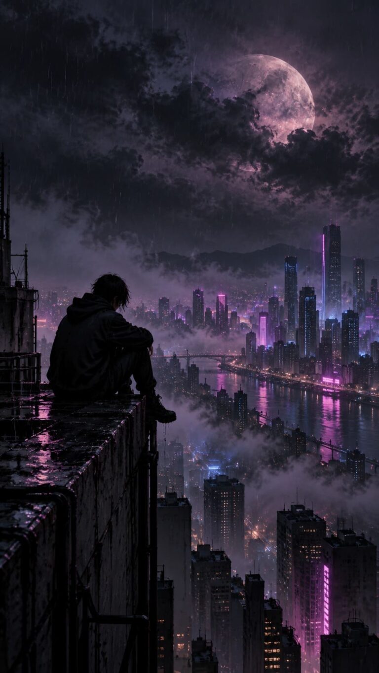 Fondo de pantalla emo ciudad lunar lluviosa