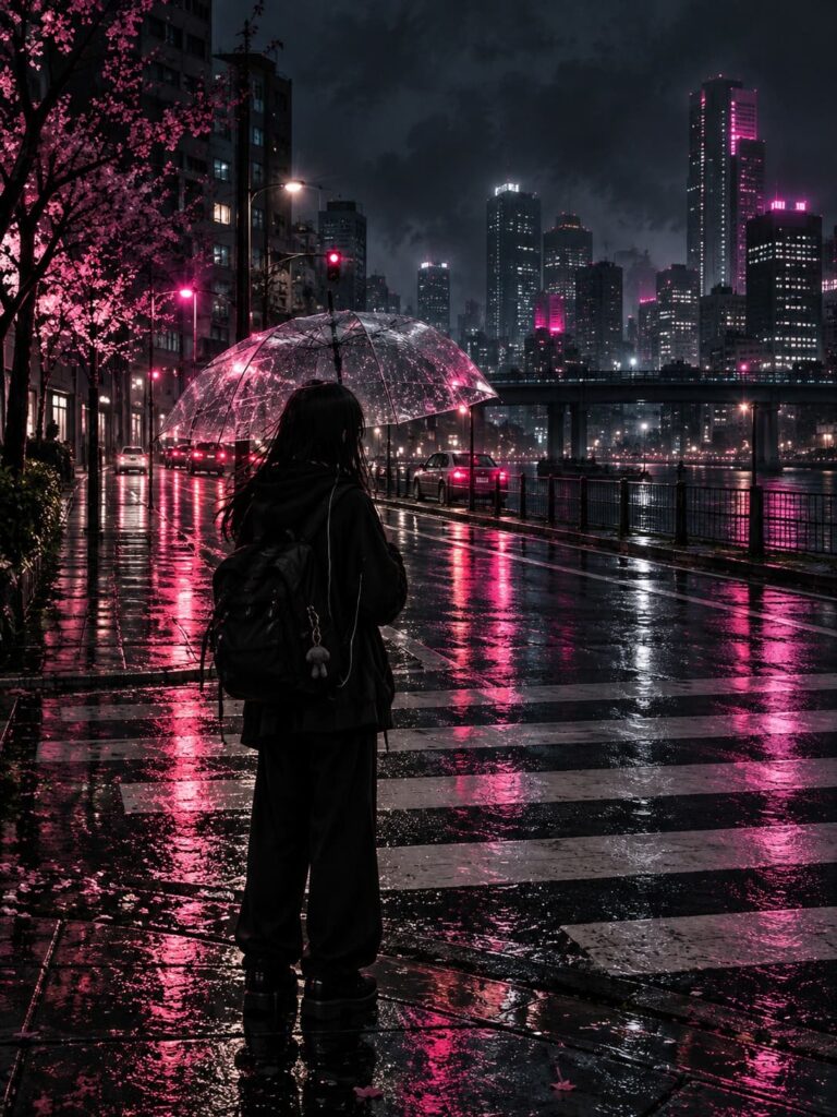 Fondo de pantalla emo ciudad neon bajo la lluvia