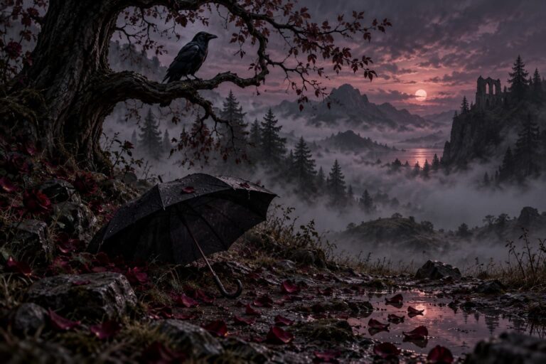 Fondo de pantalla emo cuervo y paraguas en el bosque