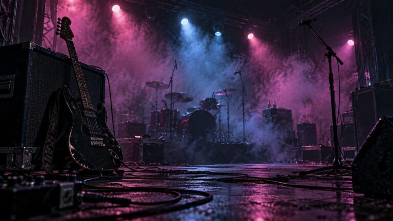 Fondo de pantalla emo escenario rock entre niebla