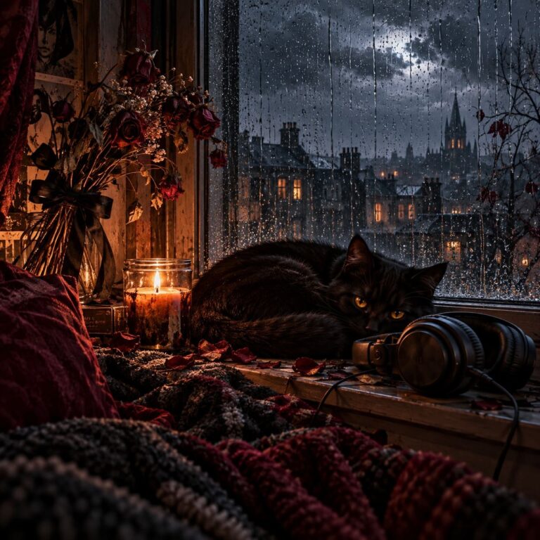 Fondo de pantalla emo gato negro en ventana lluviosa