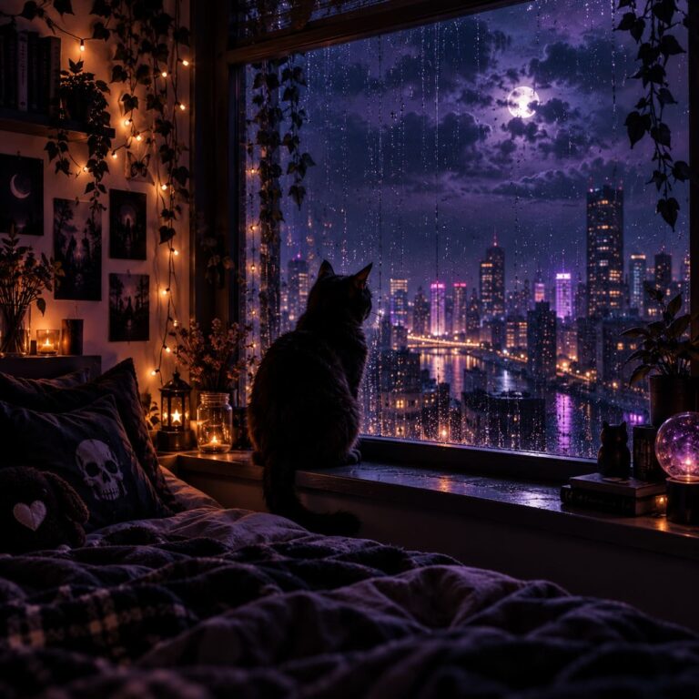 Fondo de pantalla emo gato negro y ciudad nocturna
