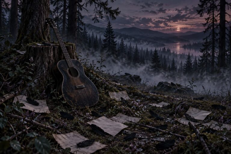 Fondo de pantalla emo guitarra en bosque neblinoso