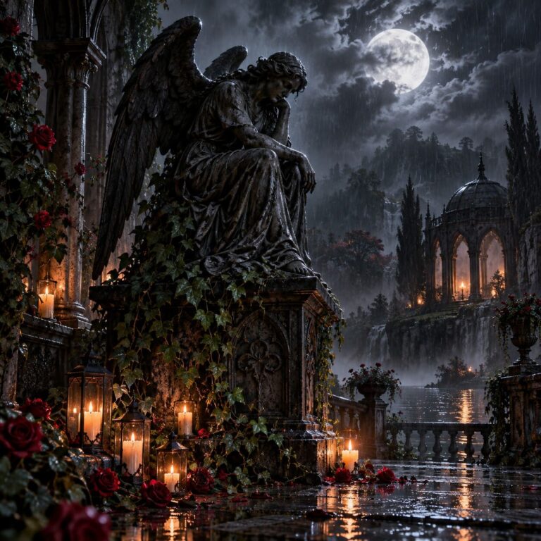 Fondo de pantalla gotico angel de piedra bajo la lluvia