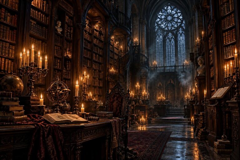 Fondo de pantalla gotico biblioteca con velas