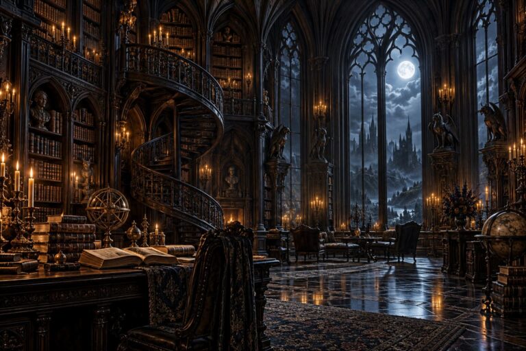 Fondo de pantalla gotico biblioteca luz velas