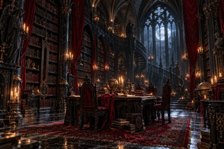 Fondo de pantalla gotico biblioteca velas