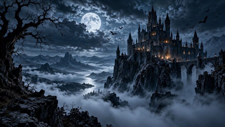 Fondo de pantalla gotico castillo sobre las nubes