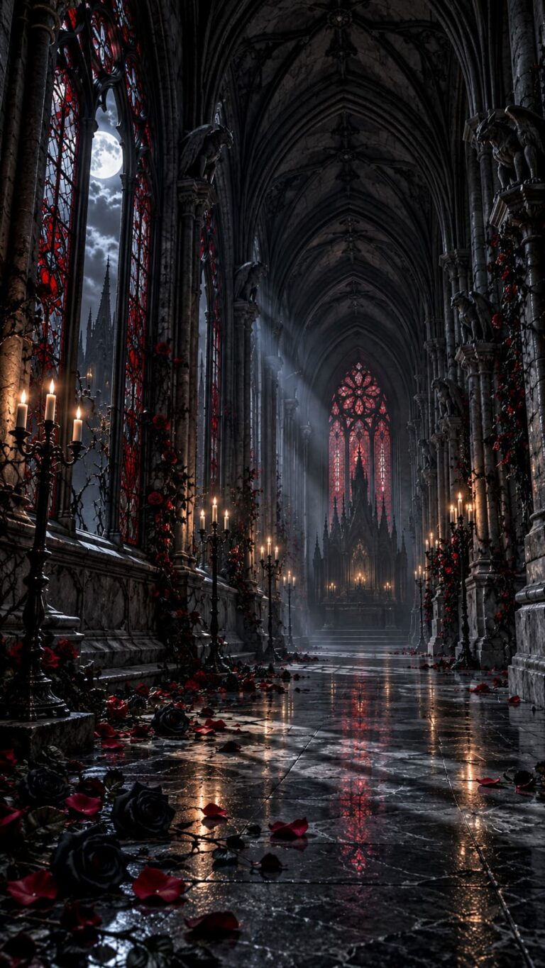Fondo de pantalla gotico catedral rosas rojas