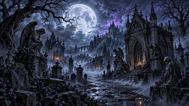 Fondo de pantalla gotico cementerio niebla luna