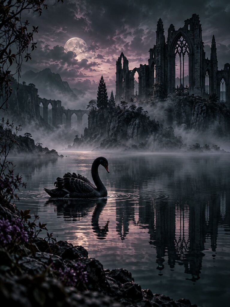 Fondo de pantalla gotico cisne negro lago