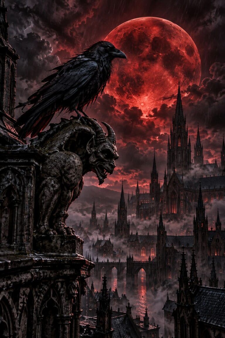 Fondo de pantalla gotico cuervo luna roja