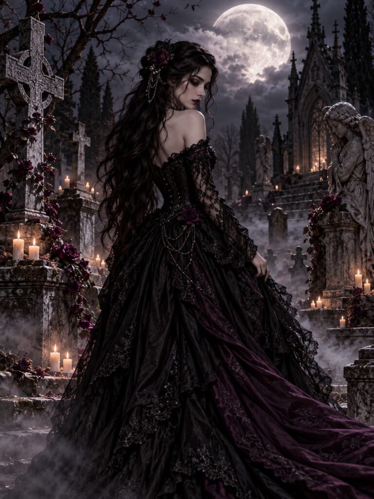 Fondo de pantalla gotico dama cementerio luna