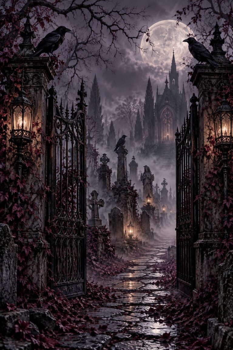 Fondo de pantalla gotico entrada cementerio luna