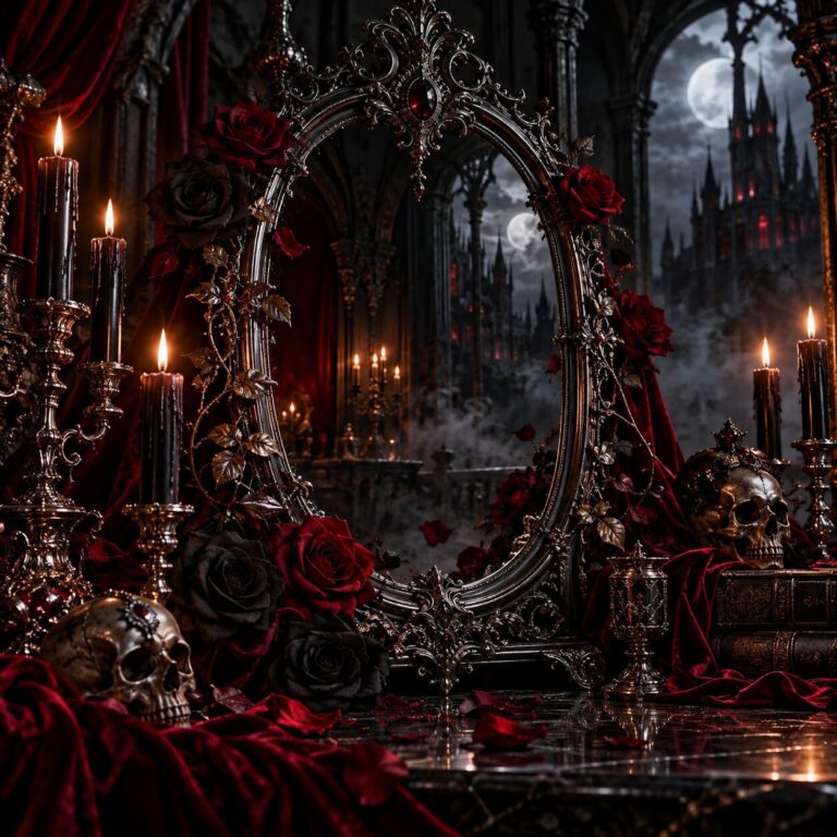 Fondo de pantalla gotico espejo rosas y calaveras