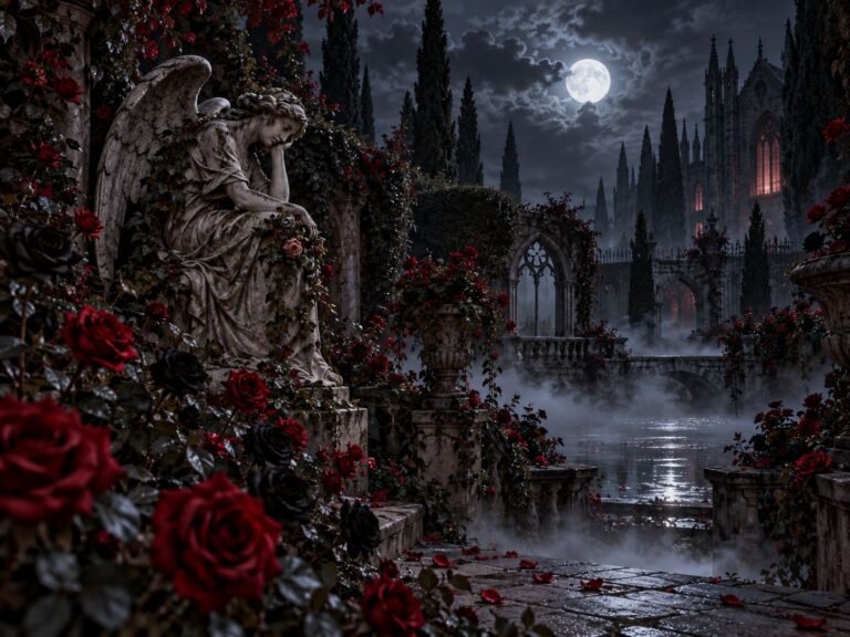 Fondo de pantalla gotico jardin angel rosas